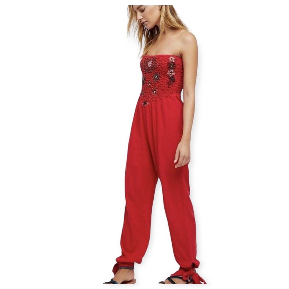 Boho Free People Red Karan Strapless Smocked Jumpsuit